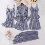 Naiste siidist pitsiga pidžaamakomplekt - 5 osa pikkade varrukatega &ouml;&ouml;s&auml;rgi, maika ja l&uuml;hikeste p&uuml;kstega kevad-suve-s&uuml;gise jaoks M