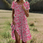 Suvine kunstiline etnilise stiili &uuml;mara kaelusega keskmise pikkusega kleit 3XL roosa