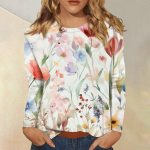 Naiste mood vabaaja &uuml;mara kaelusega pikkade varrukatega tr&uuml;kitud T-s&auml;rgi topp L