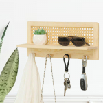 Coat Hanger Wall Mount with Shelf, Includes Four Hooks for Keys and Bags in Entryway Wood color