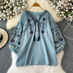 S&uuml;gis Talv Uus Vintage Etniline Topid Tikand Vaba V-kaelus Tr&uuml;kk Ropa Mujer Tuttidega N&ouml;&ouml;rimine Vabaaja Prantsuse Stiilis S&auml;rk One Size