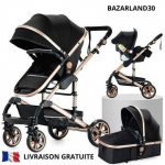 BAZARLAND30 Poussette 3 en 1 B&eacute;b&eacute; Combin&eacute;e Si&egrave;ge-Auto Nacelle R&eacute;versible R&eacute;glable Haute Qualit&eacute; Roues increvables Canne.Noir et or