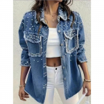 Euroopa & Ameerika Naiste Suuruses Kaunistatud Denim Jakk Teemantide ja P&auml;rlitega 2XL sinine/denim