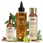 Vedix Keshamrut Juuksehoolduse Komplekt, mis sisaldab Keshamrut &Uuml;rdidega Infundeeritud Juukse&otilde;li, Davath Juuste v&auml;ljalangemise vastast &Scaron;ampooni ja Vithan Pro Juuste Kasvu Seerumit (100 ml + 200 ml beige