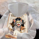 Vintage Multikate Tom ja Jerry Ajalehetr&uuml;kiga Huppar Suurem Soe Fliisvoodriga Unisex Dressipluus S&uuml;gis Talv XXL 150-170 lbs gray