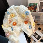 Kawaii Kampsun 3D Lilleline Tikand Kootud Kardigan Naistele Pikkade Varrukatega &Uuml;he Rida N&ouml;&ouml;bitav Kontrastv&auml;rvi Kampsun S&uuml;gis One Size beež