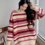S&uuml;gis Talv Roosa Triibuline Kampsun Vintage Lahtine Kudum S&otilde;&otilde;rik V&auml;rvikontrastne &Uuml;laosa Korea Soe Kampsun Pullover Naine One Size sinine