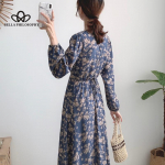 Naiste s&uuml;gisene kevadsinine lilleline V-kaelusega pikkade varrukatega pikk kleit vabaaja elegantne floratr&uuml;kiga kleit S sinine