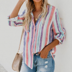 Moodne naiste pikkade varrukatega s&auml;rk Vikerkaare triibuline pluus vabaaja vintage Camisas Outwear topid S mitmev&auml;rviline