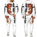 3D Tiger Prinditud kapuuts + p&uuml;kste &uuml;likond lahe meeste/naiste 2 tk spordir&otilde;ivaste dressikomplekt, s&uuml;gisene meeste riided S valge