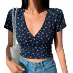 Naiste suvetopp V kaelusega l&uuml;hikeste varrukatega v&ouml;&ouml;kohaga, v&auml;ikese lilleprintiga pullover Pehme hingav retroh&otilde;nguline Slim Fit Daami Sweet T-s&auml;rk M