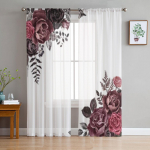 Tumepunased ja Burgundia roosid L&auml;bipaistvad kardinad elutoa akna jaoks L&auml;bipaistvad Voile t&uuml;llkardinad Magamistoa kardinad Kodukaunistus 135W x 114H(cm)