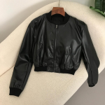 OFTBUY Naiste pestud nahast lai jakk Vintage p&uuml;stkrae astmeline lukk L&uuml;hike mantel Kevadine Daami mootorratturi stiil &Scaron;ikk XS must