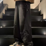 Star Embroidery Sirge vabaaja meeste teksad Gooti neutraalsed laia s&auml;&auml;rega lahtised hip-hop mood noorte t&auml;navar&otilde;ivad teksap&uuml;ksid XS must