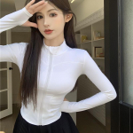 Kevadsuvi Slim Fit Crop Tops Naiste Korea Wild Sport Fitness Pikkade varrukatega mantel Naine Y2K T&auml;navar&otilde;ivad T&otilde;mblukuga T-s&auml;rk S valge