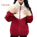 Naiste talvemantel p&uuml;stkrae, lukuga kinnitus, v&auml;rviplokk, pluss suurus, paks pl&uuml;&uuml;s, eriti soe, pikkade varrukatega, taskutega, kampsun, v&auml;lijakk M punane