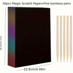 50 tk 5 tk Scratch Rainbow Art paberikomplekt bambusest pliiatsite ja puidust pulkadega &ndash; sobib ideaalselt s&uuml;nnip&auml;evadeks ja p&uuml;hadeks, suurep&auml;rane kingiidee 50pcs Scraping Paper + 5pcs Bamboo Pens