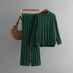 S&uuml;gis-talv laisk tuul lahtine k&otilde;rge kraega pullover, naiste &uuml;hev&auml;rviline pikkade varrukatega sviiter, kootud laia s&auml;&auml;rega p&uuml;ksid, kaheosaline komplekt One Size roheline