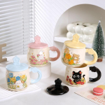 Girls' High Value Relief Animal Cartoon Mug with Lid Ceramic Cup Ins High Temperature Resistant Office Water Cup Gift 390ML