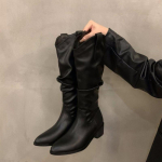 Moodsad Vintage Paksude Kontsadega L&auml;&auml;ne-Kauboi Saapad Naistele Talvine Uus Stiil Kunstnahast Suede pahkluusaapad Naine Terava Otsaga Paksude Kontsadega L&uuml;hikesed Saapad 35 must