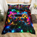 M&auml;ngupuldiga tekikate komplekt, kaheinimese suurus, sinine geomeetriline kahepoolne voodipesukomplekt lastele, poistele, m&auml;ngude teema, moodne m&auml;nguri tekikate EU Single 135x200cm