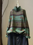 Johnature Korea Vintage Lilleline Prindiga K&otilde;rge Kaelusega Vabaaja L&otilde;tv Kampsun Naistele S&uuml;gismoe Pikkade Varrukatega Kampsun One Size roheline