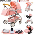 BAZARLAND30.Poussette Combin&eacute;e 3 en 1 Si&egrave;ge-Auto Nacelle Trio R&eacute;versible R&eacute;glable Haute Qualit&eacute; Roues increvables.Rose roosa
