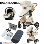 BAZARLAND30.Poussette 3 en 1 B&eacute;b&eacute; Combin&eacute;e Si&egrave;ge-Auto Nacelle Trio R&eacute;versible R&eacute;glable Haute Qualit&eacute; Roues increvables blanc cass&eacute;