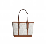 Michael Kors MK Jet Set Travel Monogram V&auml;rviplokk Suure Mahutavusega Linna Nahast T&otilde;mblukuga K&auml;ekott Naiste T&otilde;mblukuga K&auml;ekott Vanilla-White 35T0GTVT3V-VANILLA Basic Set (Bag+Dust Bag)