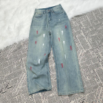 K&otilde;rge v&ouml;&ouml;kohaga laia s&auml;&auml;rega tr&uuml;kiga teksad naistele vabaaja retro l&otilde;dvad korea teksad t&auml;navamood denim p&uuml;ksid S sinine