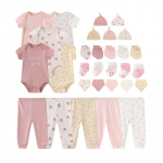 Kiddiezoom 30TK Vasts&uuml;ndinu r&otilde;ivakomplekt L&uuml;hikeste varrukatega kombinesoon + p&uuml;ksid + m&uuml;ts + rinnat&uuml;kk + kindad + sokid Imiku poisi t&uuml;drukule labakindad Full Moon Gift Pack 3-6Months roosa