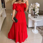 QICED Spring Summer Solid Color Print Short sleeve Women's Dress Women's Fashion Ethos Ruffled One-line Neck Puffy Sleeve Dress S punane