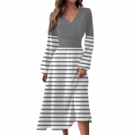 Naiste s&uuml;gis- ja talvine vabaajamoe V-kaelusega pikkade varrukatega triibuline printiga pikk kleit L