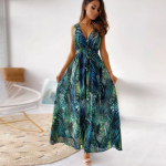 Naiste Boho lilleline V kaelusega maxi pikk kleit Naiste suvine rannakiik p&auml;ikesekleit XXL