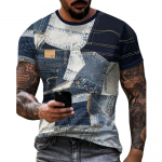 Meeste vintage T-s&auml;rk Patchwork Denim Graphic Tee 3D Printing L&uuml;hikeste varrukatega Vabaaja T-s&auml;rk &Uuml;lisuured meeste r&otilde;ivad Suvised topid S