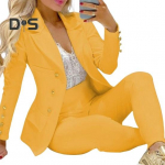 2 tk/komplekt Naiste &uuml;likonna mantli p&uuml;kste komplekt rev&auml;&auml;ri n&ouml;&ouml;biga Dekoratsioon keskmise pikkusega kardigan pikkade varrukatega jope k&otilde;rge v&ouml;&ouml;kohaga sirged p&uuml;ksid. Naiste pidulik pendeldamine L kollane