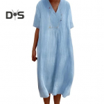 Naiste suvine kleit V kaelusega l&uuml;hikeste varrukatega A-line &uuml;hev&auml;rviline suur &auml;&auml;ris, lahtine pullover vabaaja igap&auml;evane riietus Midi kleit tutvumine t&ouml;&ouml;lk&auml;imiseks pikk kleit M khaki