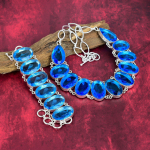 Imeilus sinine topaas ehted, k&auml;sitsi valmistatud 925 prooviga t&auml;is h&otilde;bedast kaelakee ja k&auml;ev&otilde;ru, imeilus topaas ehtekomplekt igaks s&uuml;ndmuseks Adjustable With 8"-18" sinine