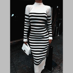 Kampsunkleidid Naistele K&otilde;rge kaelus S&uuml;gis 2024 Seksikas Kitsas l&otilde;ige V&auml;rviplokkidega Triibuline Kootud Bodycon kleit Streetwear &Scaron;ikid kleidid One Size valge
