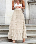 Tugev mitmekihiline volangidega v&otilde;rkseelik naistele Boho k&otilde;rge v&ouml;&ouml;kohaga pikk Maxi t&uuml;ll seelik kevadsuve pidu naiste riided One Size beež
