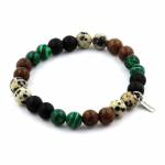 Pierres et Min&eacute;raux. Bracelet Perles Jaspe Dalmatien + Malachite + Onyx noir mat + bois 8 Fabriqu&eacute; en France.