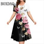 Uued naiste kleidid 3D lilledega prinditud mustriga l&uuml;hikeste varrukatega vabaaja mood Line kleit Suvine daami &uuml;lisuured puhkusekleidid 2XL