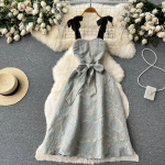 Uus moodne vintage žakaarv&auml;rvi peokleit naiste seksikas varrukateta vibu, spagetid rihmaga, elegantsed p&auml;ikesekleidid S sinine