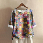 Naiste moekas ja vabaaja s&auml;rk, poolpikkade varrukatega, &uuml;mara kaelusega, mustriga, puuvillast ja linasest pluus-top XL