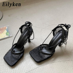 Eilyken New Sexy Mesh naistele Pumbad Naiste Sandaalid Kandiline varvas k&otilde;rge kontsaga Paelad Ristiseotud Stiletto &otilde;&otilde;nes Kleit Kingade suurus 42 must