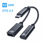 Fonken 2 in 1 C-t&uuml;&uuml;pi kuni 3,5 mm helik&otilde;rvaklappide adapteri C-t&uuml;&uuml;pi k&otilde;rvaklappide muundur USB-ga A PD60W laadimine telefoni s&uuml;learvuti tahvelarvuti jaoks Type C To Type C+USB must