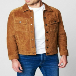 Meeste lambanahast pruun seemisnahast jakk | Denim-stiilis seemisnahast s&auml;rk | Kauboi seemisnahast trucker-jakk rinnataskuga | Kuulsuse seemisnahast s&auml;rk XS parkkoor
