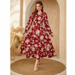 Pikkade varrukatega V-kaelusega tr&uuml;kitud kleit naistele 2023. aasta suvemood lilleline pikk kleit Vintage vaba elegantne A-kujulised &scaron;ifoonist kleidid vabaaja 28718 S punane