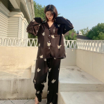 Ice Silk Print Pidžaamakomplekt Naiste Korea vintage &scaron;ikk vabaaja kodukandmise n&ouml;&ouml;biga pikkade varrukatega p&uuml;kste &uuml;likond M must