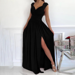 Naiste mood vabaaja maksikleit varrukateta elegantne l&otilde;hestatud pikad kleidid pitsist peokleit XXL must